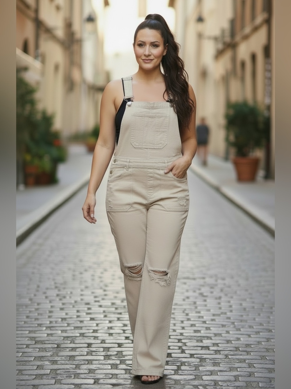 Risen XL Distressed Wide Leg Overalls Beige Stretch Denim‎ NWT